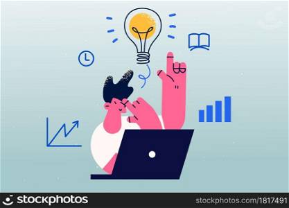 Innovation, start up and creative idea concept. Young smiling businessman cartoon character sitting at laptop and having brilliant idea in mind with light bulb above vector illustration . Innovation, start up and creative idea concept