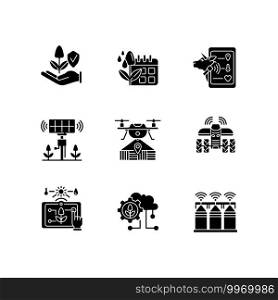 Innovation technology black glyph icons set on white space. Farm automation. Smart agronomy. Digital horticulture. Sustainable production. Silhouette symbols. Vector isolated illustration. Innovation technology black glyph icons set on white space