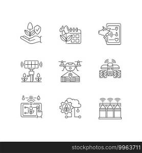 Innovation technology linear icons set. Farm automation. Digital horticulture. Sustainable production. Customizable thin line contour symbols. Isolated vector outline illustrations. Editable stroke. Innovation technology linear icons set