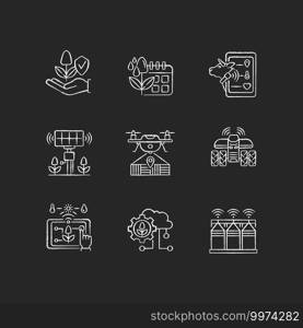 Innovation technology RGB chalk white icons set on black background. Farm automation. Smart agronomy. Digital horticulture. Sustainable production. Isolated vector chalkboard illustrations. Innovation technology RGB chalk white icons set on black background