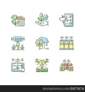 Innovation technology RGB color icons set. Farm automation. Smart agronomy. Digital horticulture. Sustainable production. Isolated vector illustrations. Innovation technology RGB color icons set