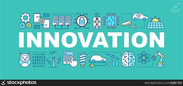 Innovation word concepts banner. Technological progress. Isolated lettering typography idea with linear icons. Machine learning. Modern technologies. Vector outline illustration. Innovation word concepts banner