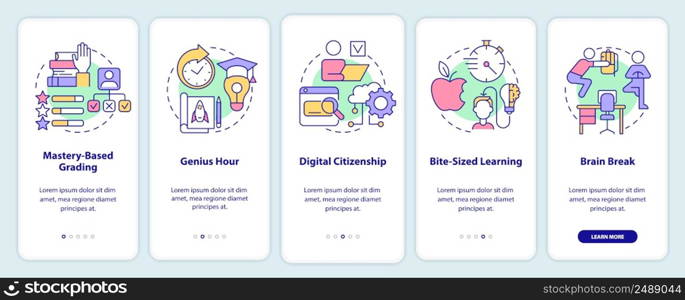Innovations in education onboarding mobile app screen. Learning trends walkthrough 5 steps graphic instructions pages with linear concepts. UI, UX, GUI template. Myriad Pro-Bold, Regular fonts used. Innovations in education onboarding mobile app screen