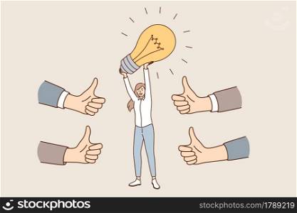 Innovative business idea and approval concept. Young caucasian positive business woman cartoon character standing holding light bulb above in hands feeling approval of colleagues vector illustration . Innovative business idea and approval concept