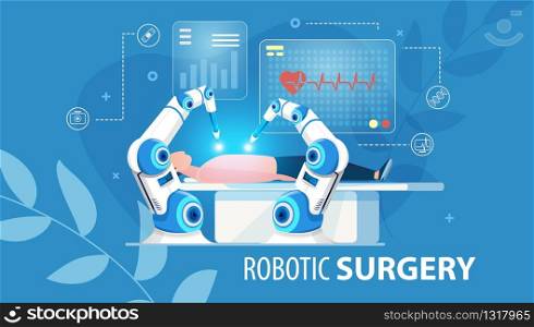 Innovative Medicine of Future. Robotic Surgery. Automated Arm Assembly at Work. Patient Laying on Operation Table. Hi-Tech Surgical Instruments. Medical Flat Poster. Vector Cartoon Illustration. Innovative Robotic Surgery Medical Flat Poster