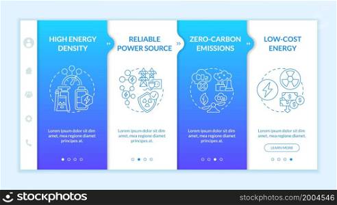 Innovative nuclear energy onboarding vector template. Responsive mobile website with icons. Web page walkthrough 4 step screens. Zero carbon emissions color concept with linear illustrations. Innovative nuclear energy onboarding vector template