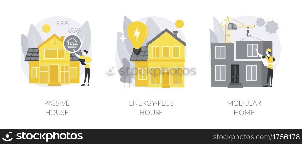 Innovative private construction technologies abstract concept vector illustration set. Passive and energy-plus house, modular home, heating efficiency, reducing ecological footprint abstract metaphor.. Innovative private construction technologies abstract concept vector illustrations.