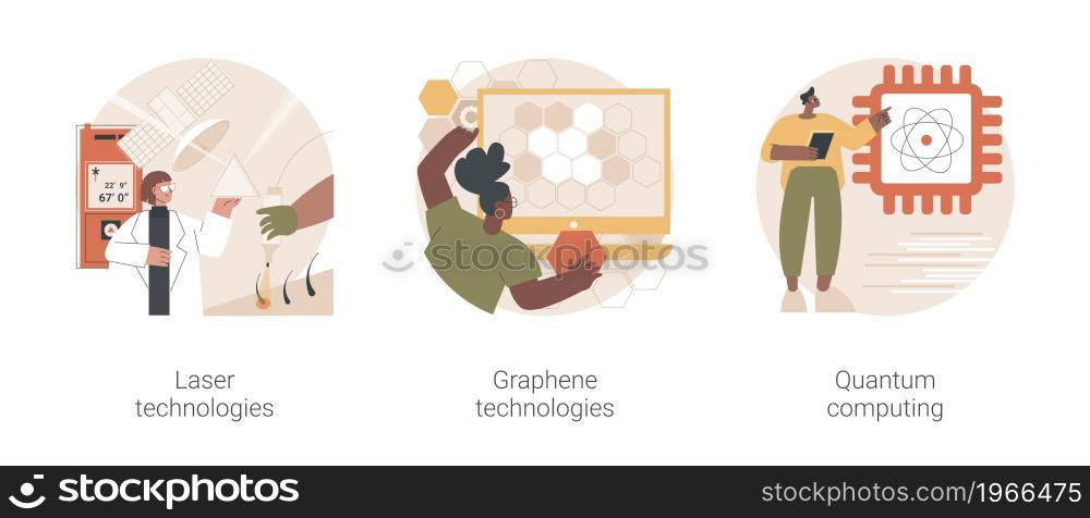 Innovative science abstract concept vector illustration set. Laser and graphene technologies, quantum computing, computer science, carbon dioxide nanomaterial, supercomputer abstract metaphor.. Innovative science abstract concept vector illustrations.