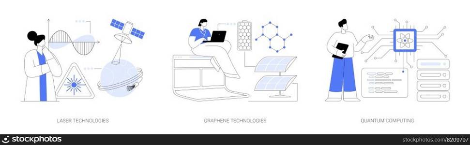 Innovative science abstract concept vector illustration set. Laser and graphene technologies, quantum computing, computer science, carbon dioxide nanomaterial, supercomputer abstract metaphor.. Innovative science abstract concept vector illustrations.