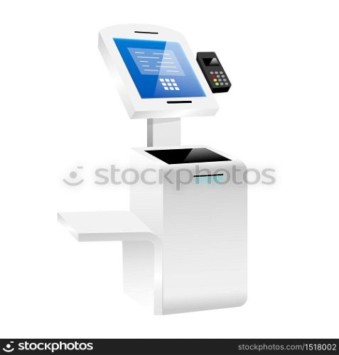 Innovative self order kiosk realistic vector illustration. Interactive payment system flat color object. Freestanding construction with touch screen technology isolated on white background