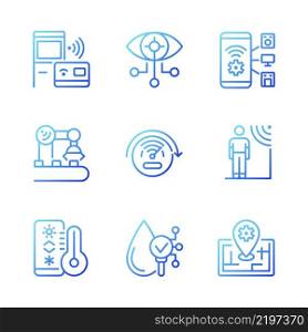 Innovative technology gradient linear vector icons set. Wireless access. Internet of Things. Smart gadget. Thin line contour symbol designs bundle. Isolated outline illustrations collection. Innovative technology gradient linear vector icons set