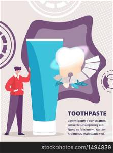 Innovative Toothpaste for Teeth Effective Cleaning, Whitening Vector Advertising Banner, Promo Poster Template with Man Character Standing near Toothpaste Tube and Healthy Bleached Tooth Illustration