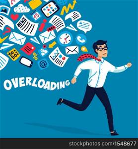 Input overloading. Information overload concept. Young man running away from information stream pursuing him. Concept of person overwhelmed by information. Colorful vector illustration in flat style. Input overloading. Information overload concept. Young man running away from information stream pursuing him. Concept of person overwhelmed by information. Colorful vector illustration in flat style.
