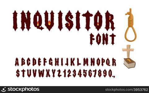 Inquisitor font. Ancient Gothic font. Font for Holy Inquisition. Medieval alphabet. Letters and numbers with fire of fire. Accessories Inquisitor: Hangman, Bible and cross.&#xA;