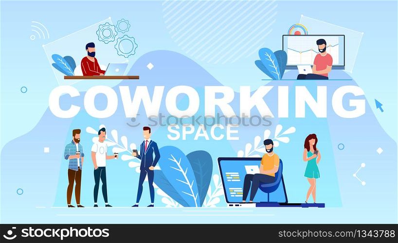 Inscription in Capital Letters Coworking Space. Man Sits at Table and Works at Laptop Cartoon Flat. Community Professional People Communicate and Drink Coffee. Vector Illustration.