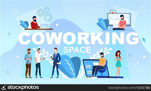 Inscription in Capital Letters Coworking Space. Man Sits at Table and Works at Laptop Cartoon Flat. Community Professional People Communicate and Drink Coffee. Vector Illustration.