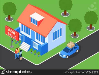 Inscription Near House is for Sale Cartoon Flat. Realtor Woman Shows Real Estate Young Married Couple. Man and Woman Meet with Real Estate Agent. Vector Illustration. Big House Isometric.. Real Estate Urban House Isometric Vector Building