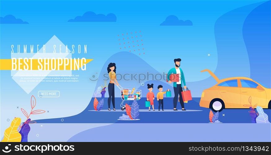 Inscription Poster Summer Season Best Shopping. Flyer Adults and Children Return to Car with Trolley from Supermarket Full Groceries and Bags Goods. Vector Illustration Landing Page.