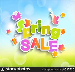 Inscription Spring is coming on the background paper with butterfly and flowers and spring bokeh background. Spring sale vector