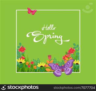 Inscription Spring Time on background with spring flowers and butterflies
