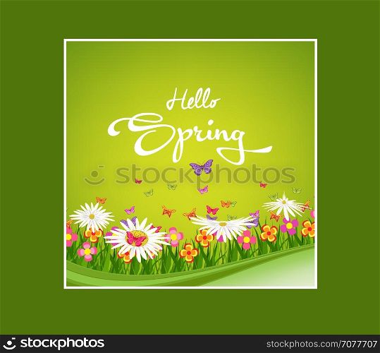 Inscription Spring Time on background with spring flowers and butterflies