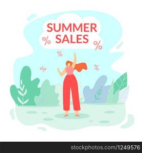 Inscription Summer Sales Vector Illustration. Girl Casual Clothes Actively Welcomes, Pointing to Inscription about Upcoming or Ongoing Sales and Discounts. Favorable Conditions for Acquisition.