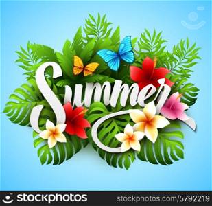 Inscription summer. Vector illustration with tropical plants and flowers EPS 10. Inscription summer. Vector illustration with tropical plants and flowers