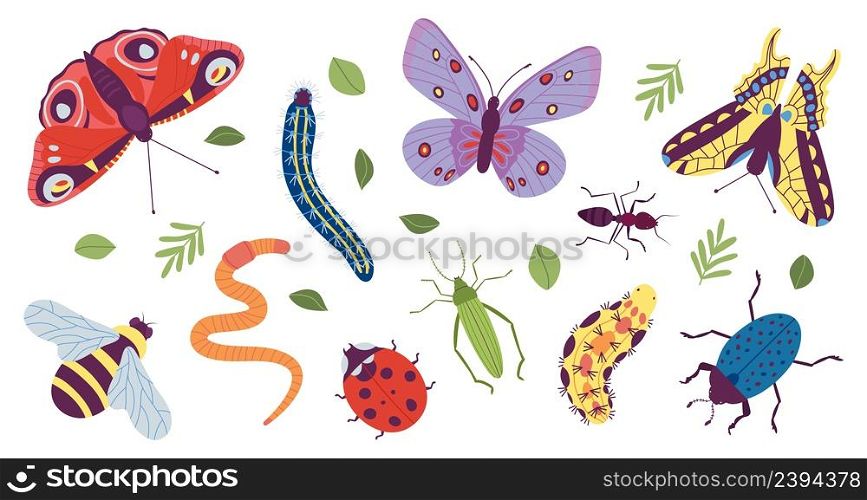 Insect characters. Coloring doodle insects, simple caterpillar, butterfly and bug. Funny trendy beetle and ant, isolated garden wild animals decent vector set. Illustraton of animal characters insects. Insect characters. Coloring doodle insects, simple caterpillar, butterfly and bug. Funny trendy beetle and ant, isolated garden wild animals decent vector set