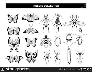 Insect collection. Butterfly beetle dragonfly, black insects silhouettes. Spring summer flying animals, garden pests vector set. Illustration dragonfly and beetle, butterfly and ladybug. Insect collection. Butterfly beetle dragonfly, black insects silhouettes. Spring summer flying animals, garden pests vector set