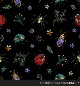Insect pattern. Garden embroidery branch and beetle, silk stitch vintage ethnic seamless texture. Flowers and spider, ladybug. Nowaday vector design for textile. Illustration of beautiful fabric leaf. Insect pattern. Garden embroidery branch and beetle, silk stitch vintage ethnic seamless texture. Flowers and spider, ladybug. Nowaday vector design for textile