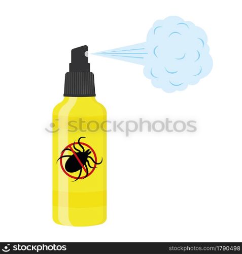 Insect repellent lotion with spray steam and killing mite sign. Anti tick agent isolated on white background. Lyme disease and encephalitis prevention. Vector cartoon illustration.. Insect repellent lotion with spray steam and killing mite sign. Anti tick agent isolated on white background. Lyme disease and encephalitis prevention. Vector cartoon illustration
