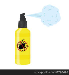 Insect repellent lotion with spray steam and killing mite sign. Anti tick agent isolated on white background. Lyme disease and encephalitis prevention. Vector cartoon illustration.. Insect repellent lotion with spray steam and killing mite sign. Anti tick agent isolated on white background. Lyme disease and encephalitis prevention. Vector cartoon illustration