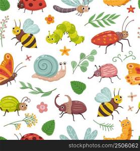 Insect seamless pattern. Cartoon snail, bug and caterpillar. Childish print with beetle and flying butterfly. Garden nature animals vector background. Insect animal, ladybug and dragonfly illustration. Insect seamless pattern. Cartoon snail, bug and caterpillar. Childish print with beetle and flying butterfly. Garden nature animals neoteric vector background