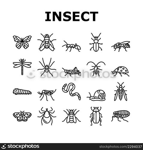 Insect, Spider And Bug Wildlife Icons Set Vector. Dragonfly And Butterfly, Ladybug And Cockroach, Grasshopper And Bumblebee, Mosquito And Caterpillar Insect Line. Black Contour Illustrations. Insect, Spider And Bug Wildlife Icons Set Vector