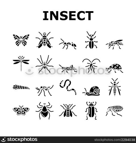 Insect, Spider And Bug Wildlife Icons Set Vector. Dragonfly And Butterfly, Ladybug And Cockroach, Grasshopper And Bumblebee, Mosquito And Caterpillar Insect Glyph Pictograms Black Illustrations. Insect, Spider And Bug Wildlife Icons Set Vector