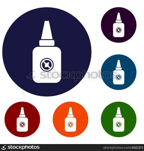 Insect spray icons set in flat circle reb, blue and green color for web. Insect spray icons set