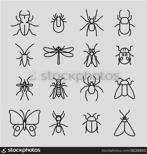 Insect vector thin line icons set. Insect vector thin line icons set. Cockroach and mosquito, spider and butterfly illustration