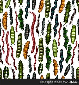 Insects background with pattern of earthworms and butterfly caterpillars, larvae, slugs and hairy centipedes
