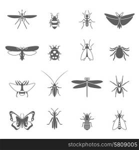 Insects black icons set with bee bug fly butterfly isolated vector illustration. Insects Black Icons Set