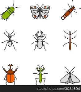Insects color icons set. Insects color icons set. Darkling and hercules beetles, butterfly, earwig, stag bug, phasmid, moth, ant, mantis. Isolated vector illustrations