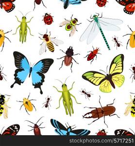 Insects colored seamless pattern with grasshopper wasp butterfly vector illustration