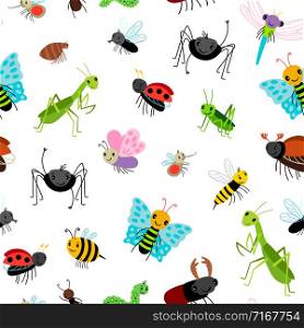 Insects colorful pattern with bugs, butterfies and spiders on white background, vector illustration. Insects colorful pattern