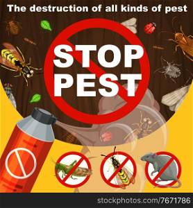 Insects extermination and pest control banner. Repellent or insecticide aerosol, locust, wasp and hornet, bedbug, cockroach and ant or termite, fly, indianmeal moth and rat in prohibition sign vector. Insects extermination and pest control banner