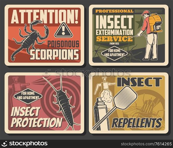 Insects extermination service, pest control and house disinsection. Vector centipede, scorpion and spider, fly, moth and bug fumigation. Domestic disinfestation and pest control vintage retro posters. Insects extermination service pest control posters