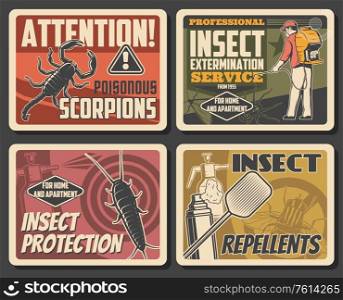 Insects extermination service, pest control and house disinsection. Vector centipede, scorpion and spider, fly, moth and bug fumigation. Domestic disinfestation and pest control vintage retro posters. Insects extermination service pest control posters