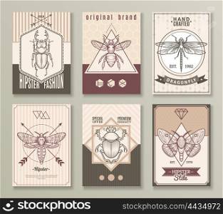 Insects Hipster Cards Set. Insects hipster cards set with dragonfly and beetles flat isolated vector illustration