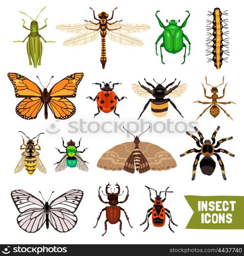 Insects Icons Set. Insects Icons Set. Insects Flat Vector Illustration. Insects Isolated Decorative Set. Insects Design Set. Insects Elements Collection.