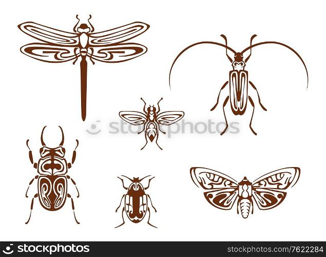 Insects in tribal ornamental style for tattoo design. Dragonfly, butterfly, bee, bug and grasshopper