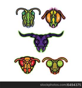 Insects Mascot Collection. Mascot icon illustration set of heads of insects like grasshopper, cricket or locust, honey bee or bumblebee, long-horned beetle, hornet or wasp and praying mantis viewed from front done in retro style.. Insects Mascot Collection