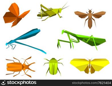 Insects set in origami paper elements isolated on white background